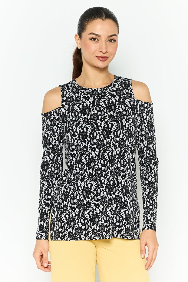 Women Round Neck Cold Shoulder Allover Print Blouse, Black/white