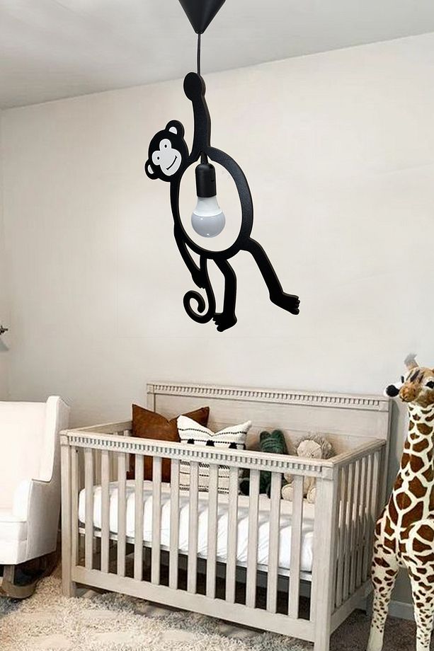 Monkey Ahşap Maymun Sarkıt Tekli Avize Bebek Çocuk Odası Siyah Mutfak Cafe Dekoratif Avize Lamba - 3