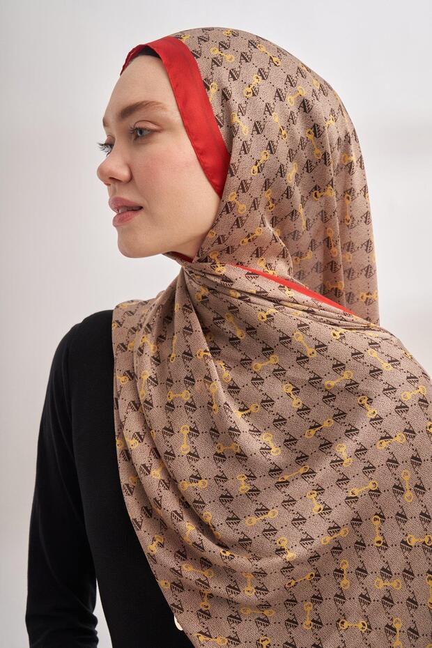 شال بنمط مونوغرام من فويل 3361-بيج-أحمر - 1