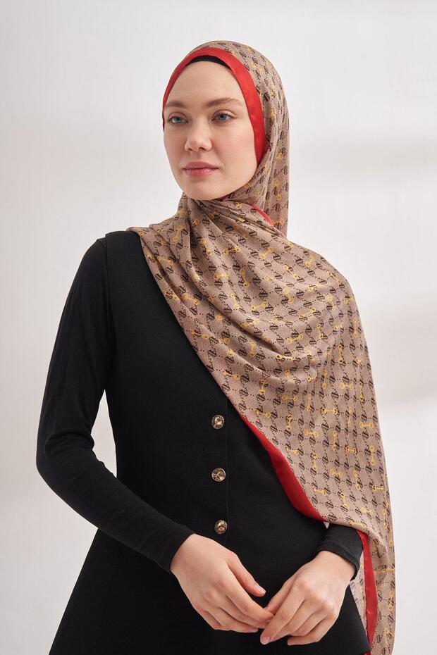 شال بنمط مونوغرام من فويل 3361-بيج-أحمر - 4