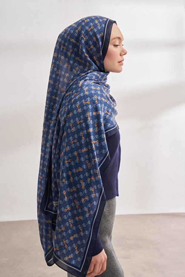 Vual Monogram Pattern Shawl 3361-Jeans Blue - 1
