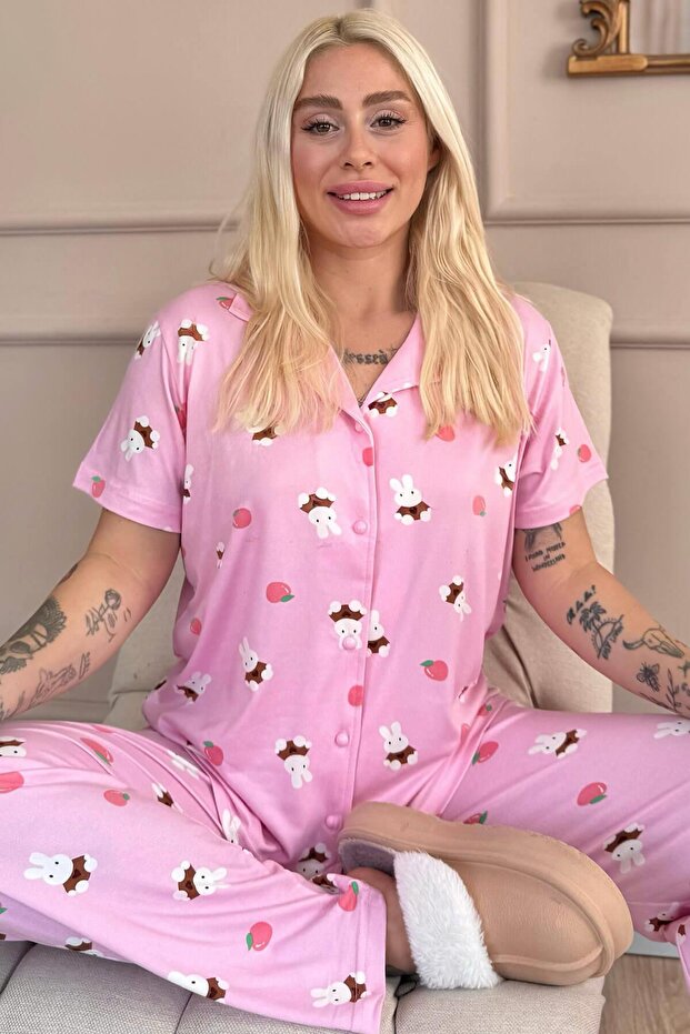 Light Pink Rabbit Patterned Bamboo Front Buttoned Short Sleeve Pajama Set - 1