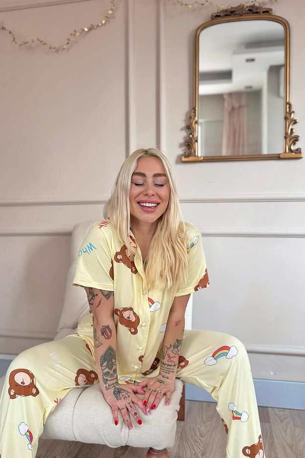 Sarı Teddy Dreams Desenli Bambu Önden Düğmeli Kısa Kol Pijama Takımı - 5