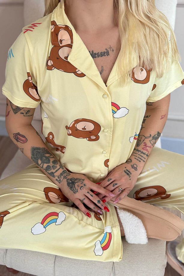 Sarı Teddy Dreams Desenli Bambu Önden Düğmeli Kısa Kol Pijama Takımı - 6
