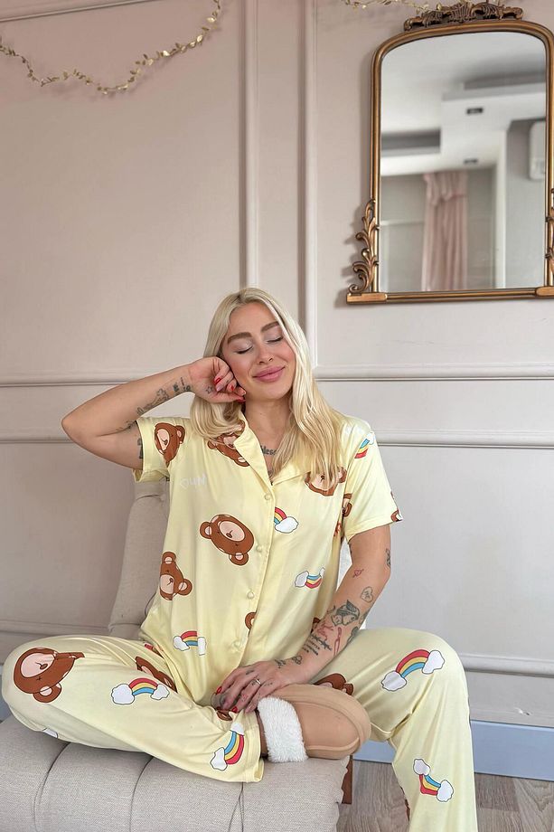 Sarı Teddy Dreams Desenli Bambu Önden Düğmeli Kısa Kol Pijama Takımı - 3
