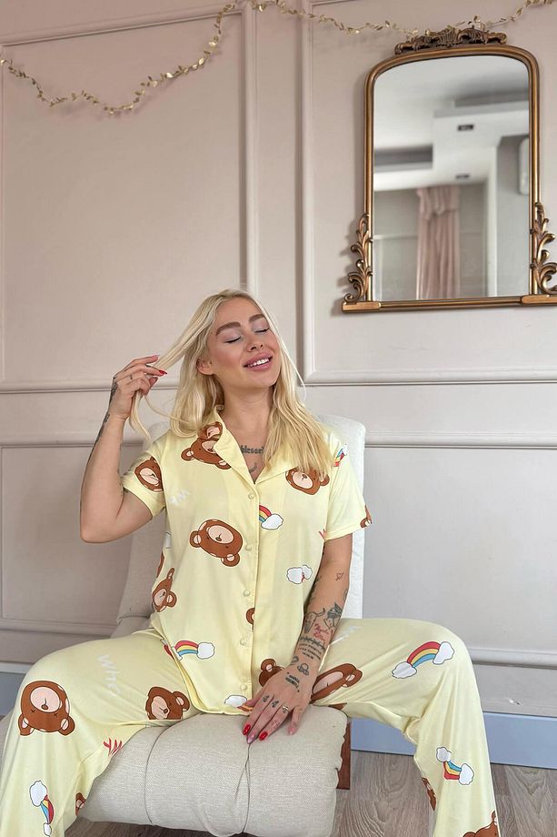 Sarı Teddy Dreams Desenli Bambu Önden Düğmeli Kısa Kol Pijama Takımı - 4