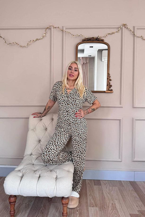 Kahve Leo Desenli Bambu Önden Düğmeli Kısa Kol Pijama Takımı - 7