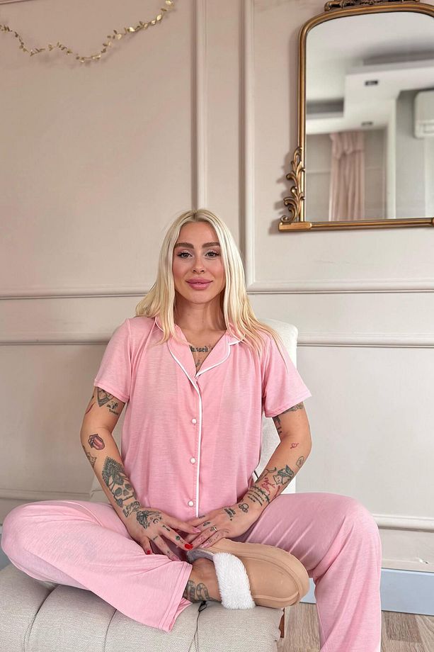 Somon Sofistic Önden Düğmeli Kısa Kol Kadın Pijama Takımı - 5