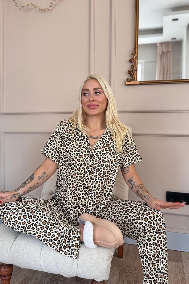 Kahve Leo Desenli Bambu Önden Düğmeli Kısa Kol Pijama Takımı - 4