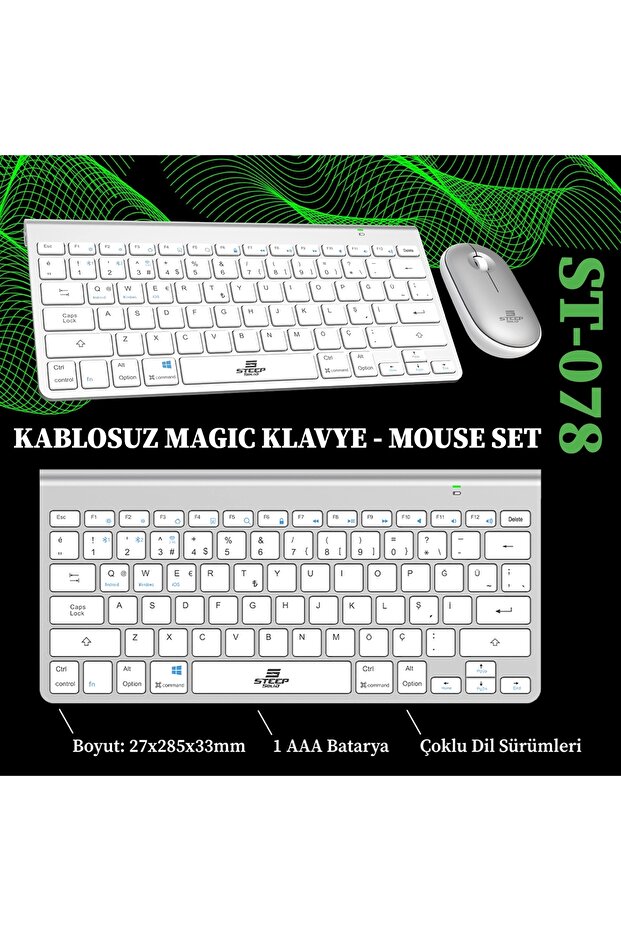 ST-078 2.4Ghz Wi-Fi Klavye - Mouse Set (Gümüş TR) - 1