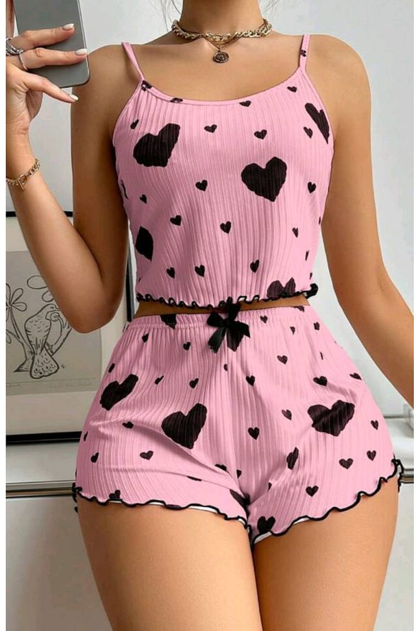 kalp desenli atlet ve şort pijama takımı fuşya takım - 1