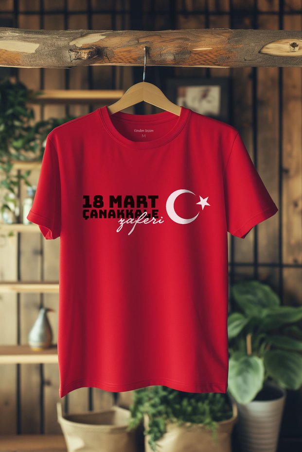 Red T-Shirt 18 March Victory at Gallipoli Turkish Flag Printed T-Shirt