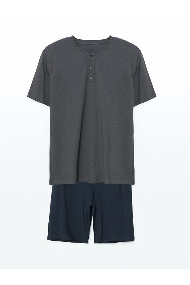 Gri Standart Kalıp Erkek Şortlu Pijama Takımı - 1