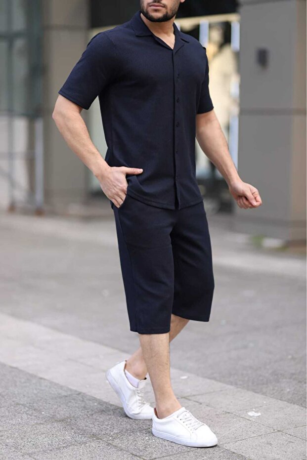 Men's Navy Blue Waffle Fabric Capri Shorts Shirt Set