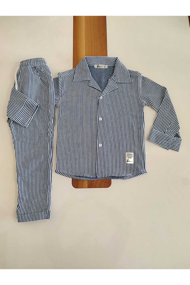 Seasonal Boy's Suit with Collar Striped Shirt and Double Leg Jogger Pants