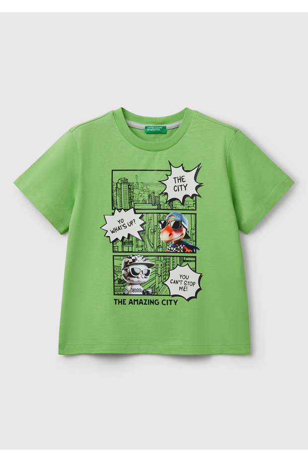 Boy's Pistachio Green Photo Printed Crew Neck T-Shirt