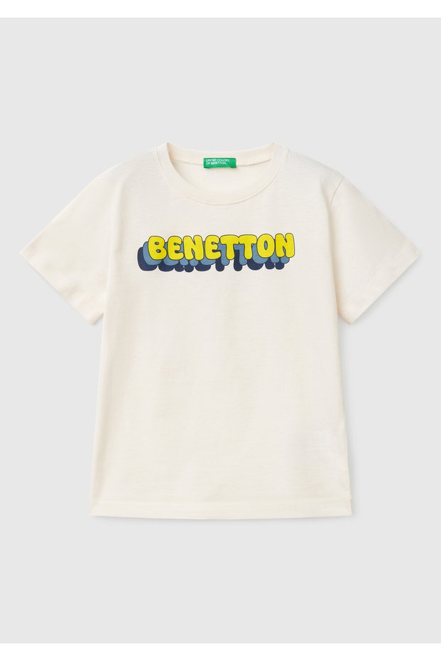 Boy's Ecru Benetton Logo Printed T-Shirt