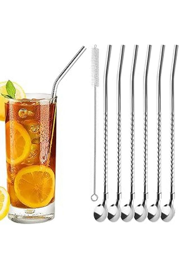 Aee® 7'li Paslanmaz Çelik Kaşıklı Metal Pipet Seti 6 Adet Pipet Ve Pipet Temizleme Fırçası Cam Pipe - 1