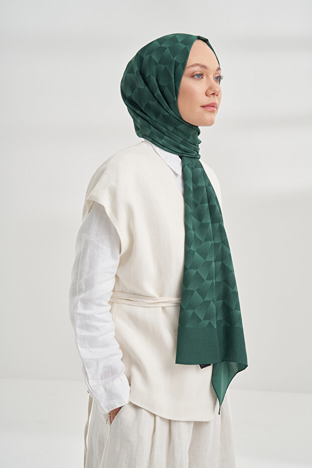 شال منقوش هندسي من القطن - زمرد - 2