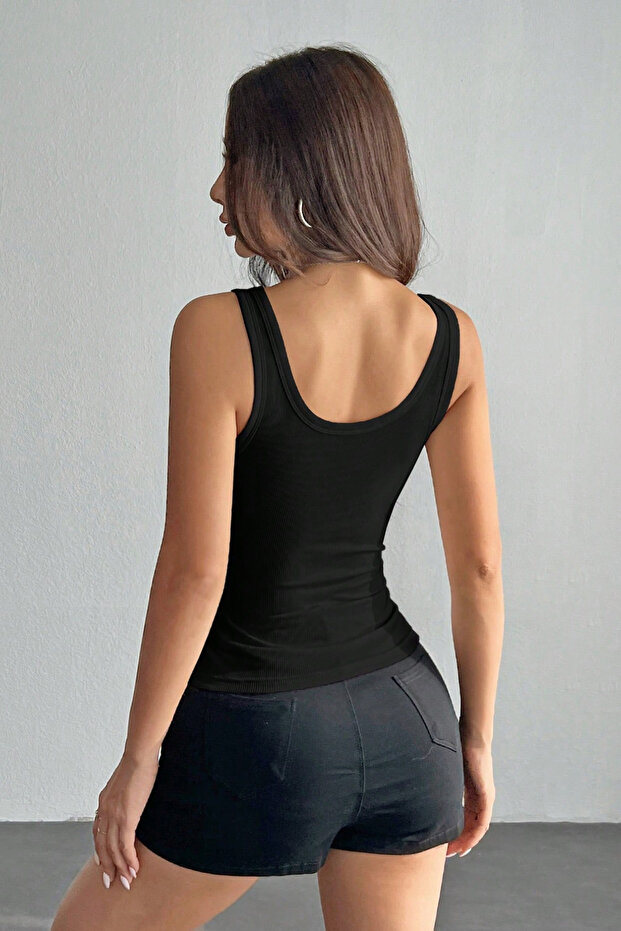 Kadın Geniş Asklı Siyah Kaşkorse Kumaş Basıc Atlet - 3