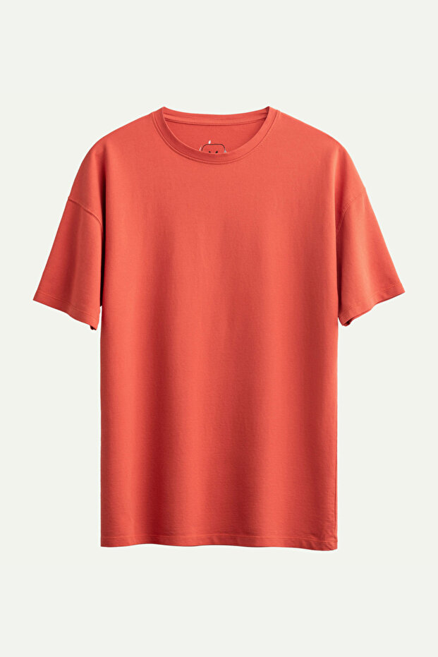 Erkek Oversize/ Relax Fit Basic T-Shirt - Coral - 1