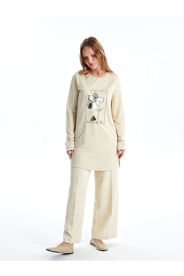 LCWAIKIKI Basic BEJ Bisiklet Yaka Baskılı Kadın Sweatshirt Tunik - 3