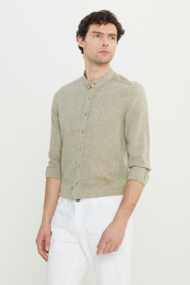 قميص كتان ذو قصة ضيقة وقصة ضيقة - 1