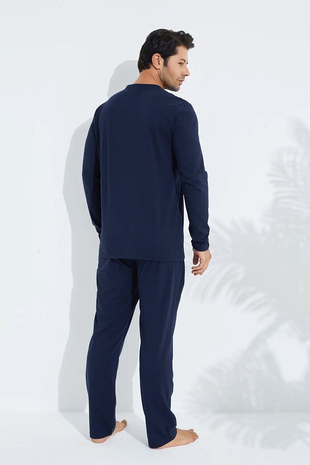 Erkek Çapalı Lacivert Uzun Kollu Penye Kumaş Mevsimlik Pijama Takımı - 3