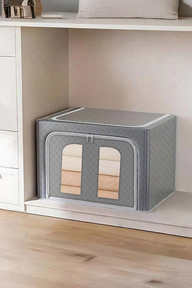 Pencereli Çelik Destek Önden Açılır Gri Kapitone Dolap Organizer Saklama Kutusu Telli Hurç 40x50x30 - 1