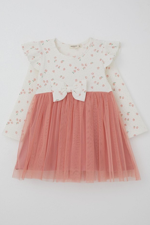 Girls' Long Sleeve Dress Floral Bow Tulle 1.5-5 Years, Ecru