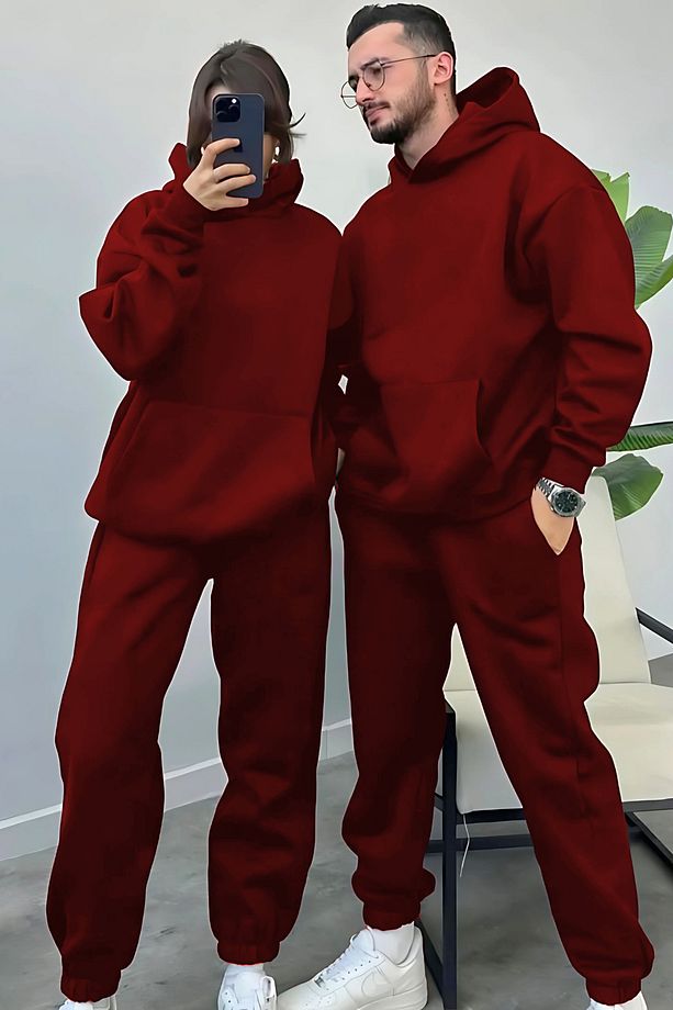 Kadın Erkek Trend Model Çiftlere Özel 3 Iplik Oversize Kışlık Kalın Eşofman Takımı (TEKLİ) - 3