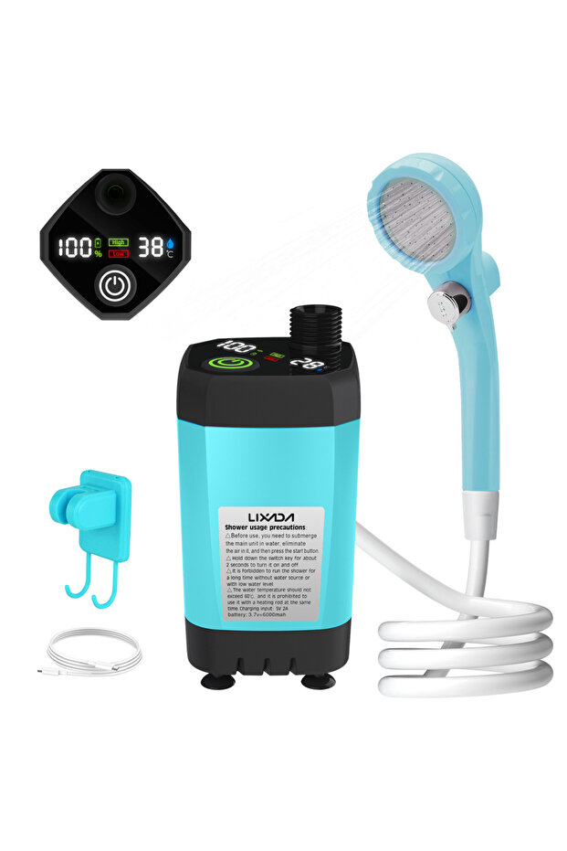 Blue Lixada 6000mAh Portable Camping Shower Pump RV Outdoor Shower Kit w/Full Screen Intelligent Dig