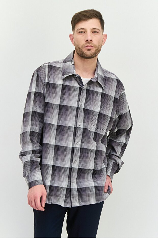 Men Regular Fit Plaid Long Sleeves Casual Shirt, Charcoal