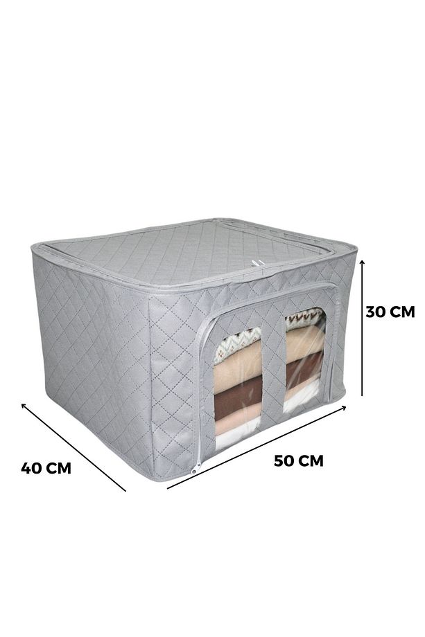 Pencereli Çelik Destek Önden Açılır Gri Kapitone Dolap Organizer Saklama Kutusu Telli Hurç 40x50x30 - 5