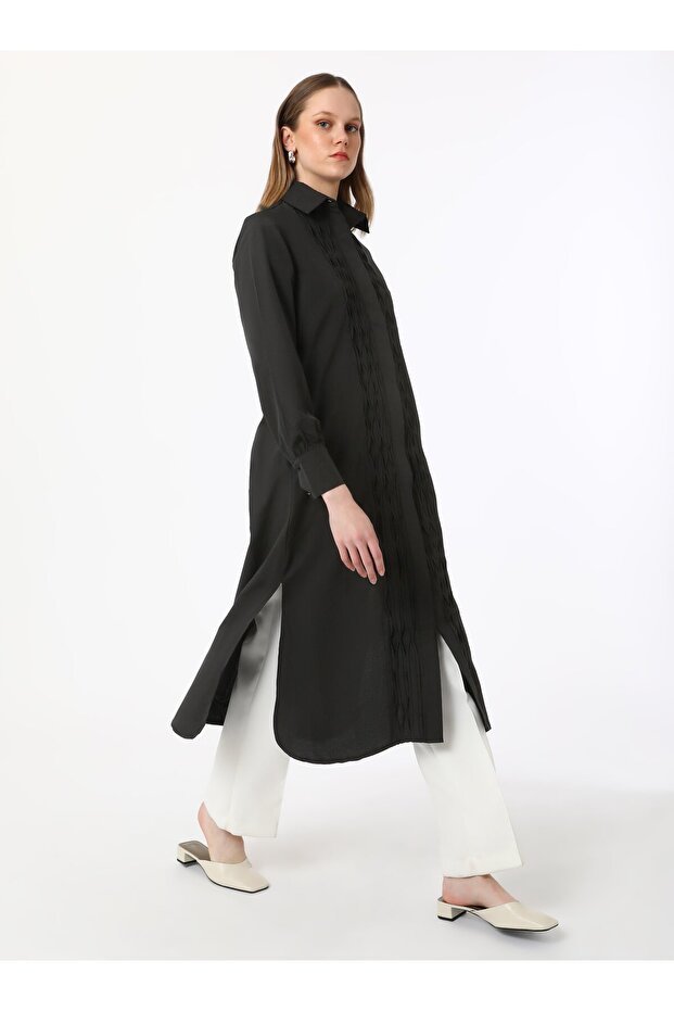 Nervür ve Yırtmaç Detaylı Poplin Tunik - Siyah - Refka - 1