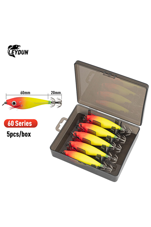 60series(5pcs) 02 LEYDUN Luminous Horizontal Squid Jig Wood Shrimp Squid Hook 5pcs Fishing Lures LEY