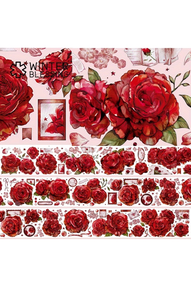 Red Rose 2m Laser PET Washi Tape Red Rose Transparent Roll Sticker Decorative Adhesive Tape For Scra