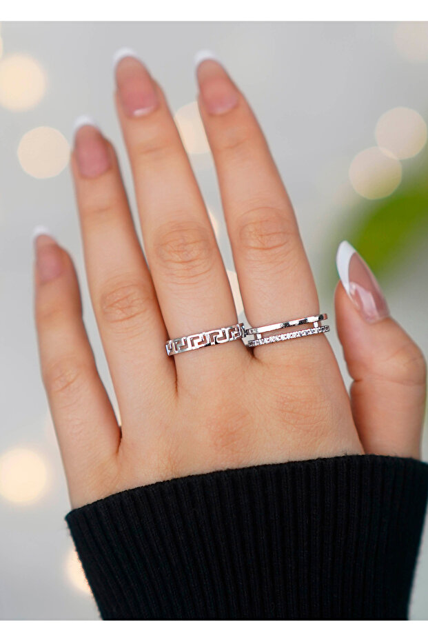 Set of 2 Zircon Stone Waterway Double and Maze Model Silver Adjustable Women's Ring Set (2 Rings)