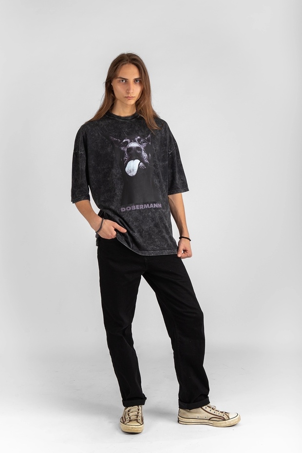 Dobermann Baskılı Yıkamalı Oversize Unisex Tshirt - 3