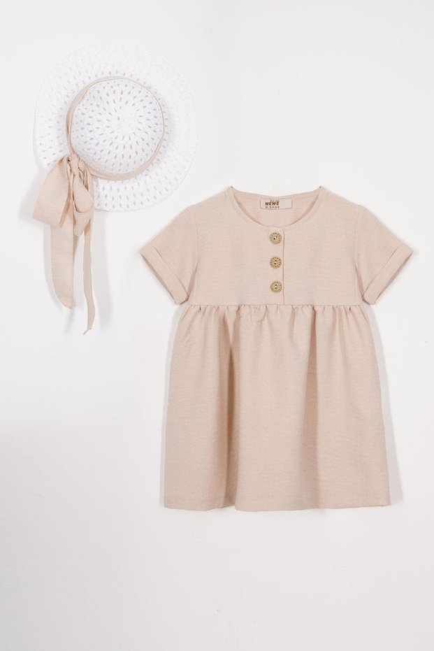 Crew Neck Buttoned Beige Color Girls Linen Dress with Hat Accessories
