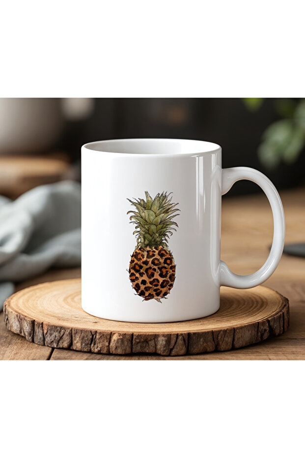 Leopard Patterned Pineapple Design White Ceramic Printed Mug Cup 330ml - 1