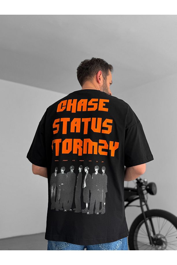 Siyah Chase Baskılı Oversize T-Shirt JJ-88 - 3