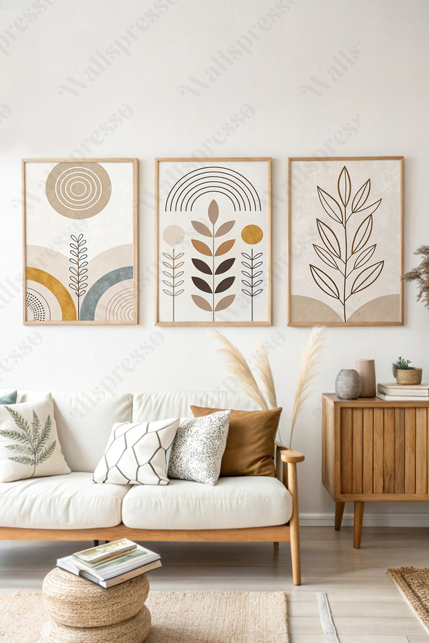 Bohem Minimalist Ahşap Çerçeveli Tablo - 3'lü Tablo Seti - Duvar Tablosu - Üçlü Tablo - 1