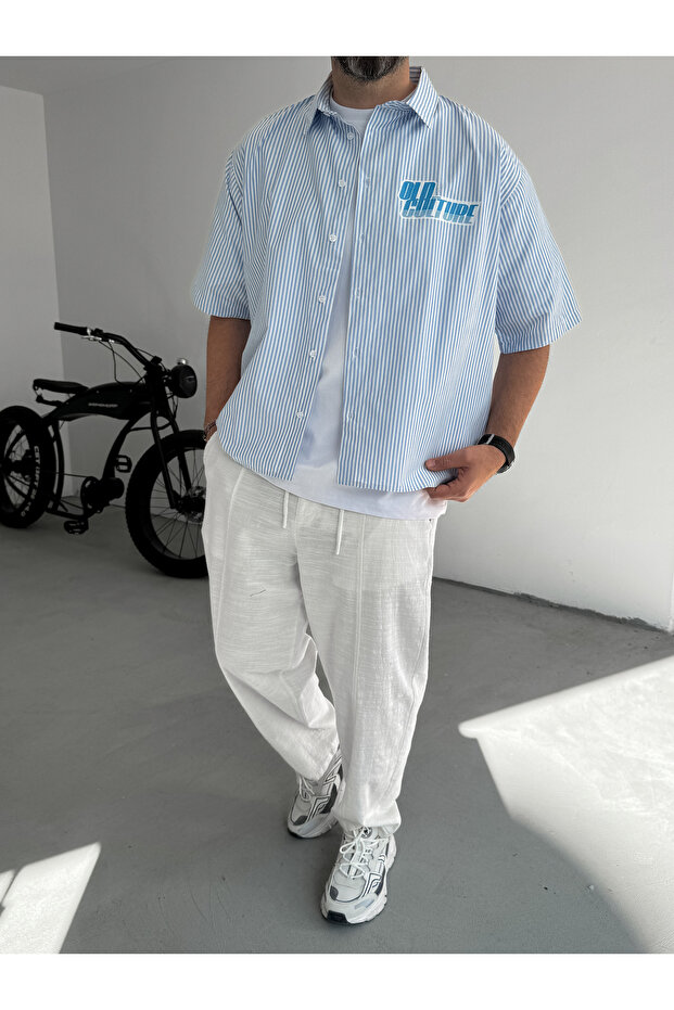 Açık Mavi Çizgili Old Baskılı Gömlek JJ-85 - 2