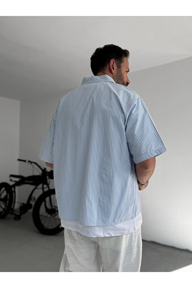 Açık Mavi Çizgili Old Baskılı Gömlek JJ-85 - 6
