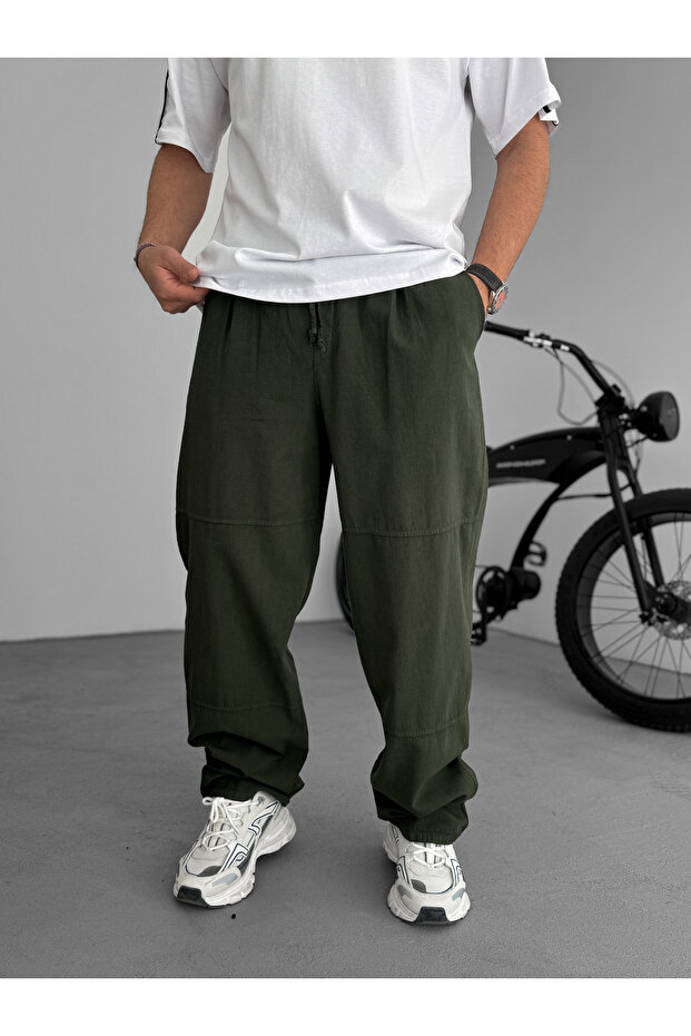 Khaki Stitched Casual Baggy Pants Jj-96