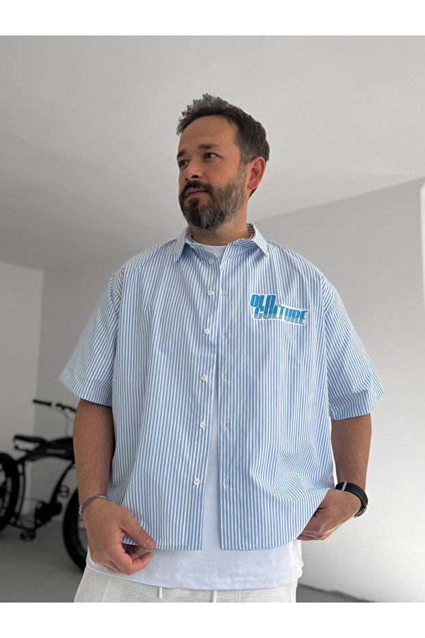 Açık Mavi Çizgili Old Baskılı Gömlek JJ-85 - 3