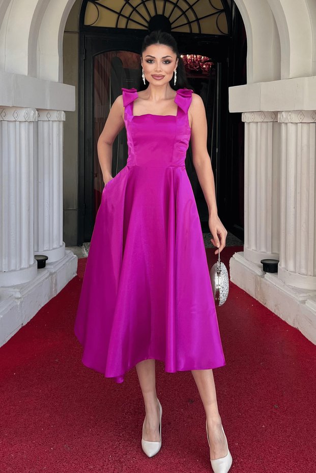 Taffeta Satin Fabric Straps Midi Dress with Pockets - Fuchia