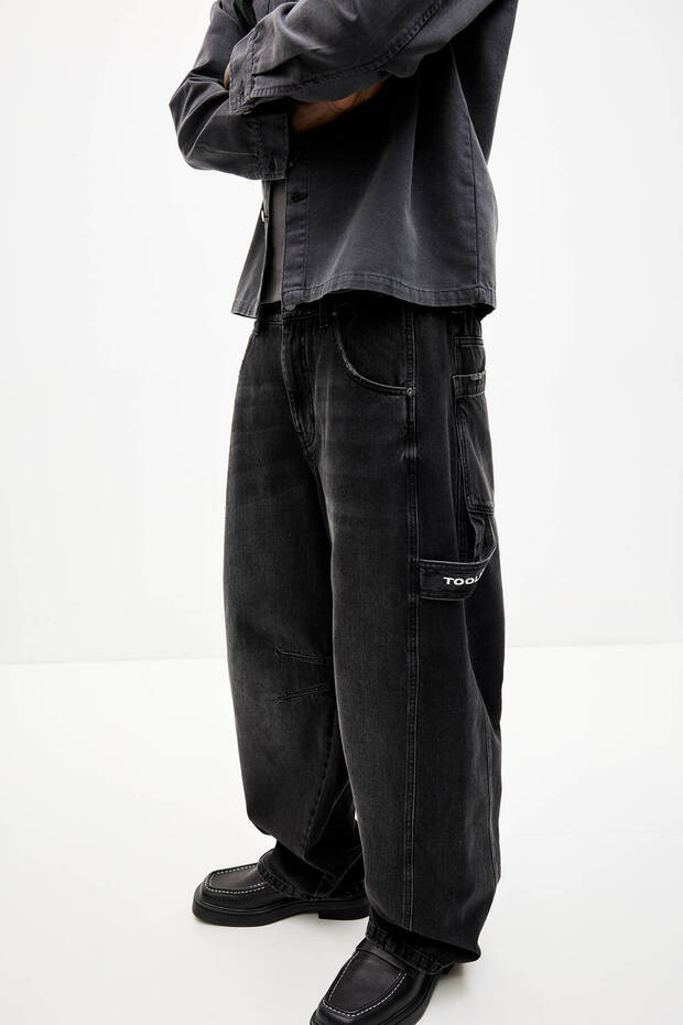 Balon paça işlemeli cepli jean - 5