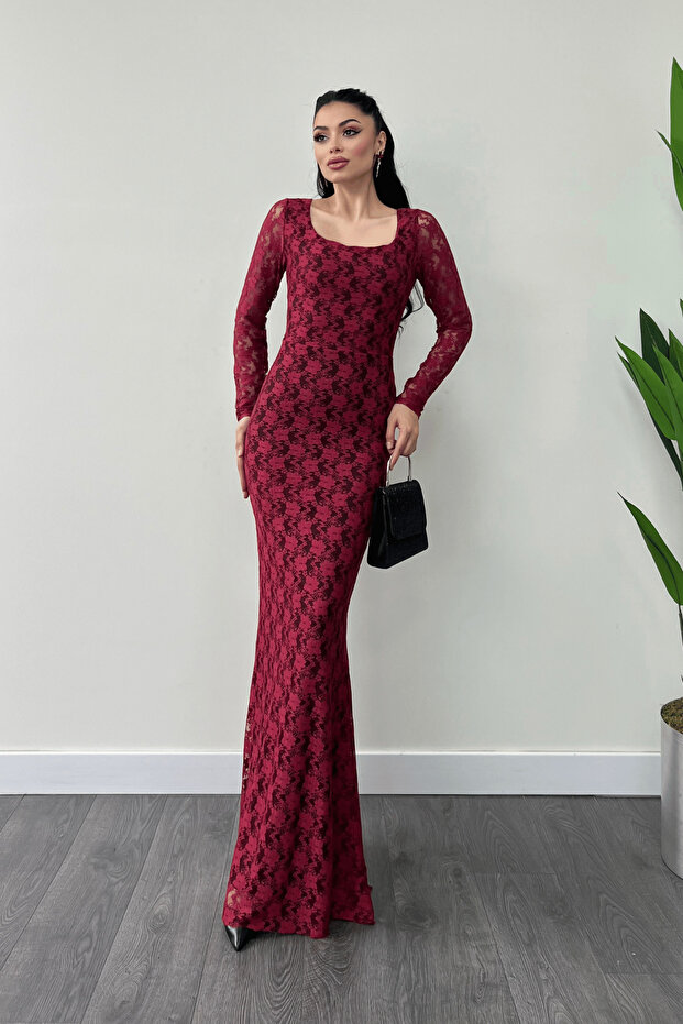 Lace Fabric Square Collar Fish Dress - Bordo
